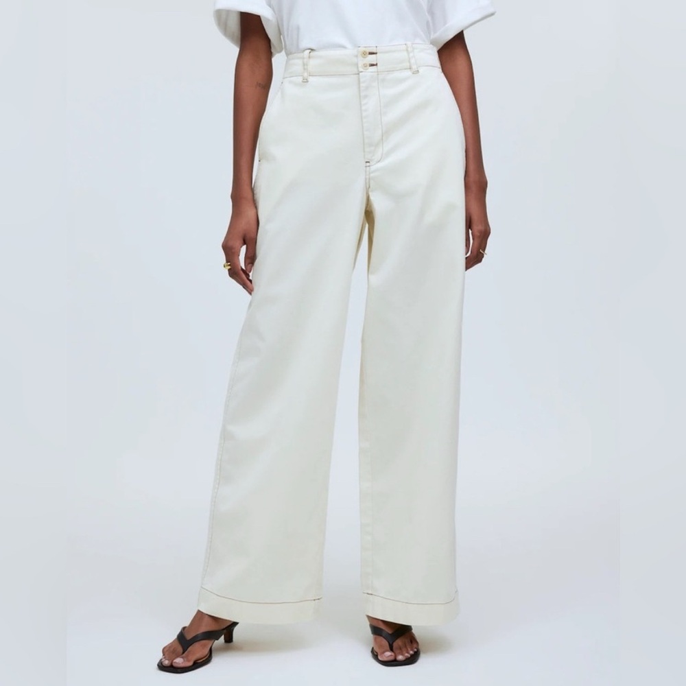 Madewell Wide Leg Pants Cream Ivory Button Tab Antique Size 10 Cotton Chino